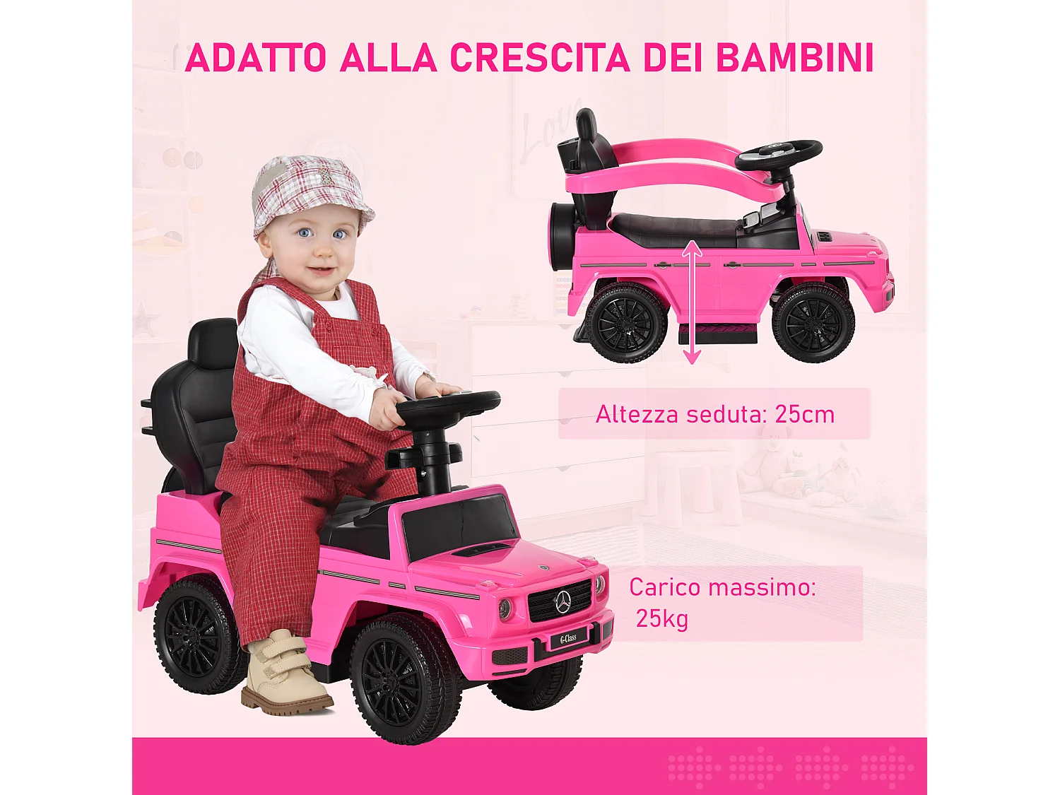 Macchina a spinta per bambini con tettuccio rosa