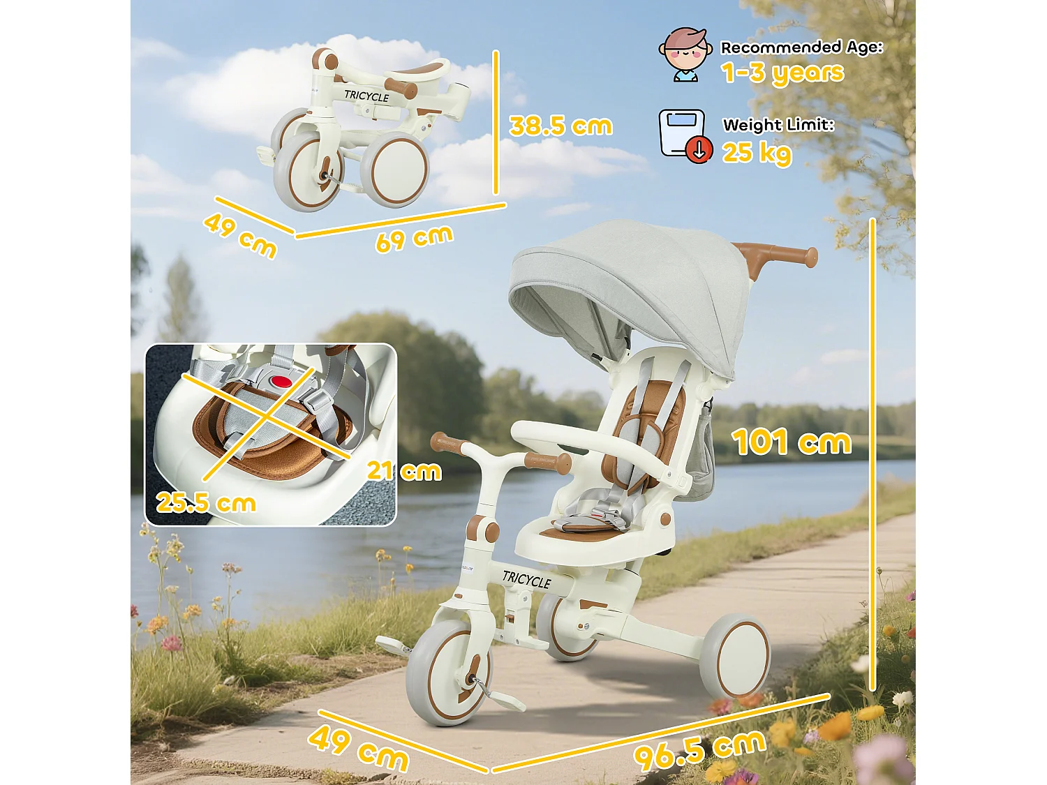 Triciclo per bambini 5 in 1 con maniglione di spinta e copertura crema