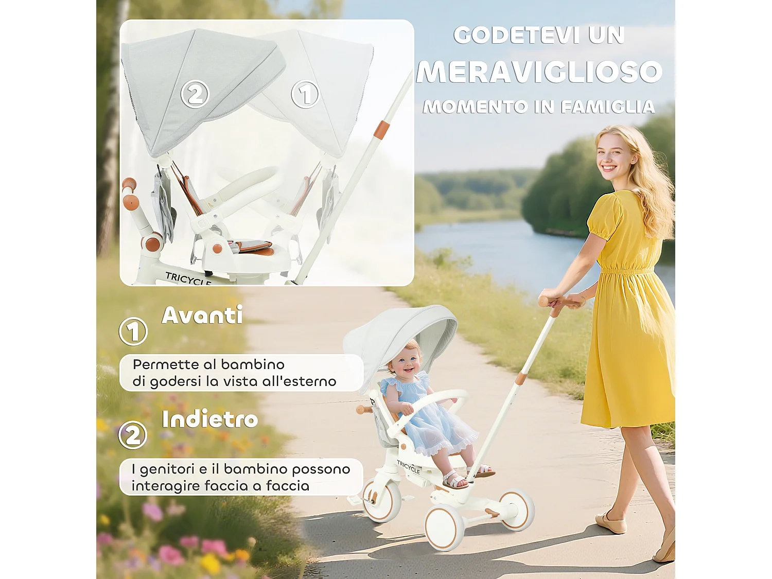 Triciclo per bambini 5 in 1 con maniglione di spinta e copertura crema