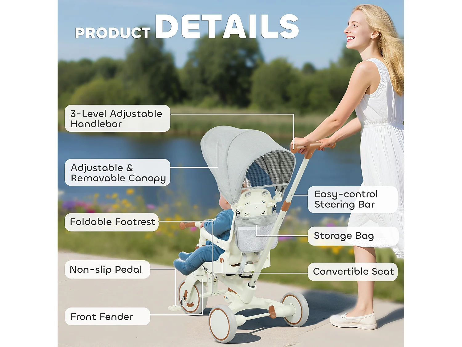 Triciclo per bambini 5 in 1 con maniglione di spinta e copertura crema