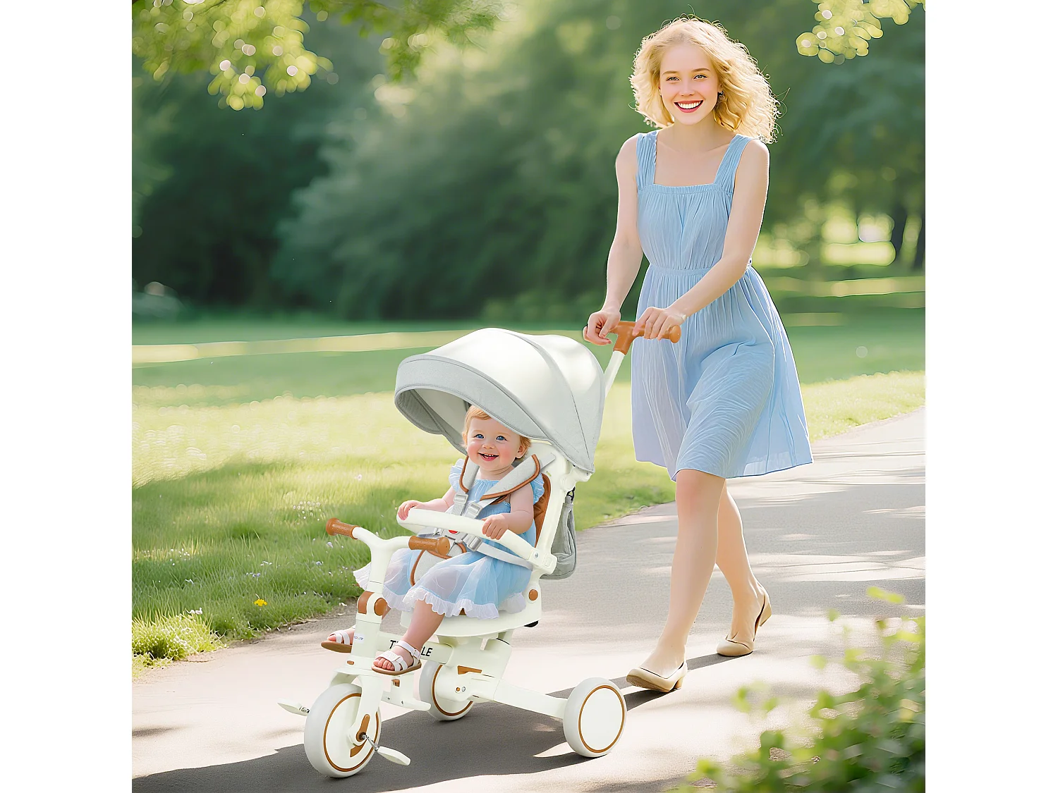 Triciclo per bambini 5 in 1 con maniglione di spinta e copertura crema