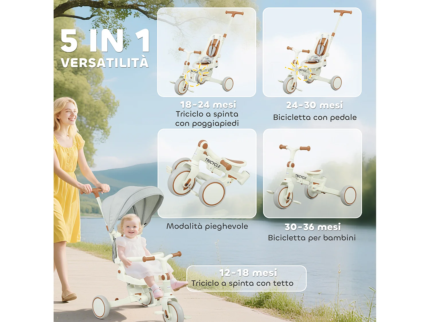 Triciclo per bambini 5 in 1 con maniglione di spinta e copertura crema