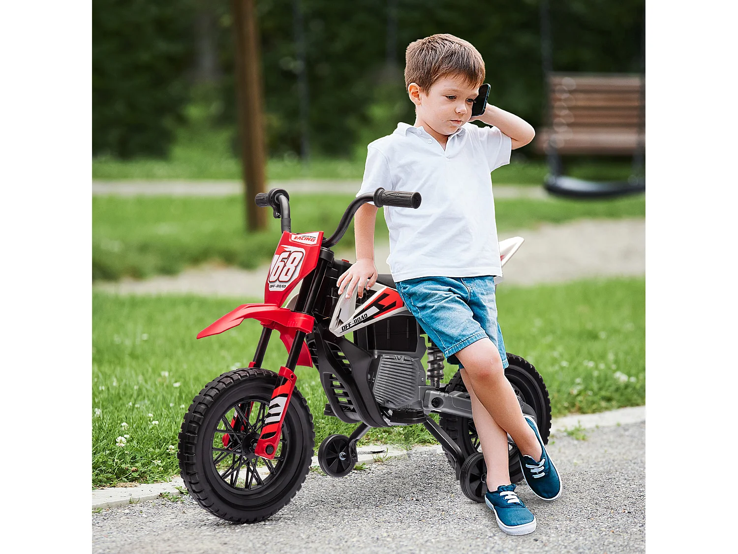 Moto elettrica per bambini con rotelle in pp e metallo rosso