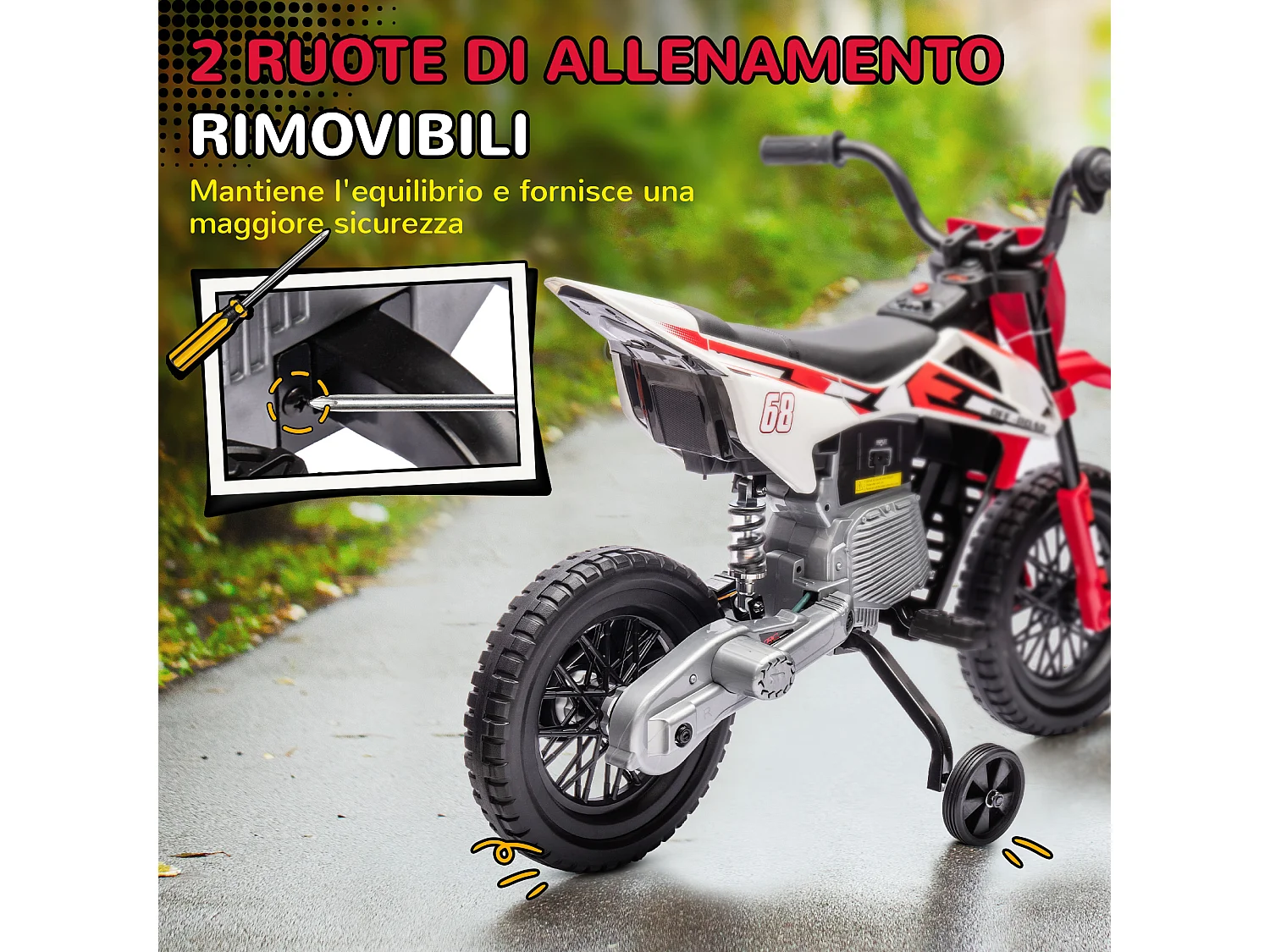 Moto elettrica per bambini con rotelle in pp e metallo rosso