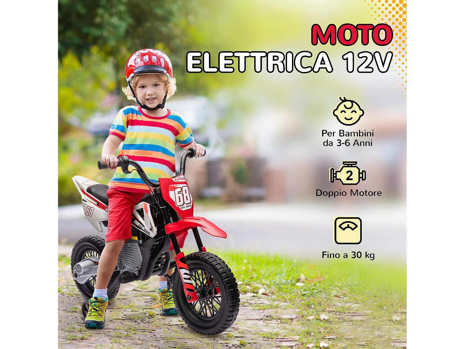 Moto elettrica per bambini con rotelle in pp e metallo rosso
