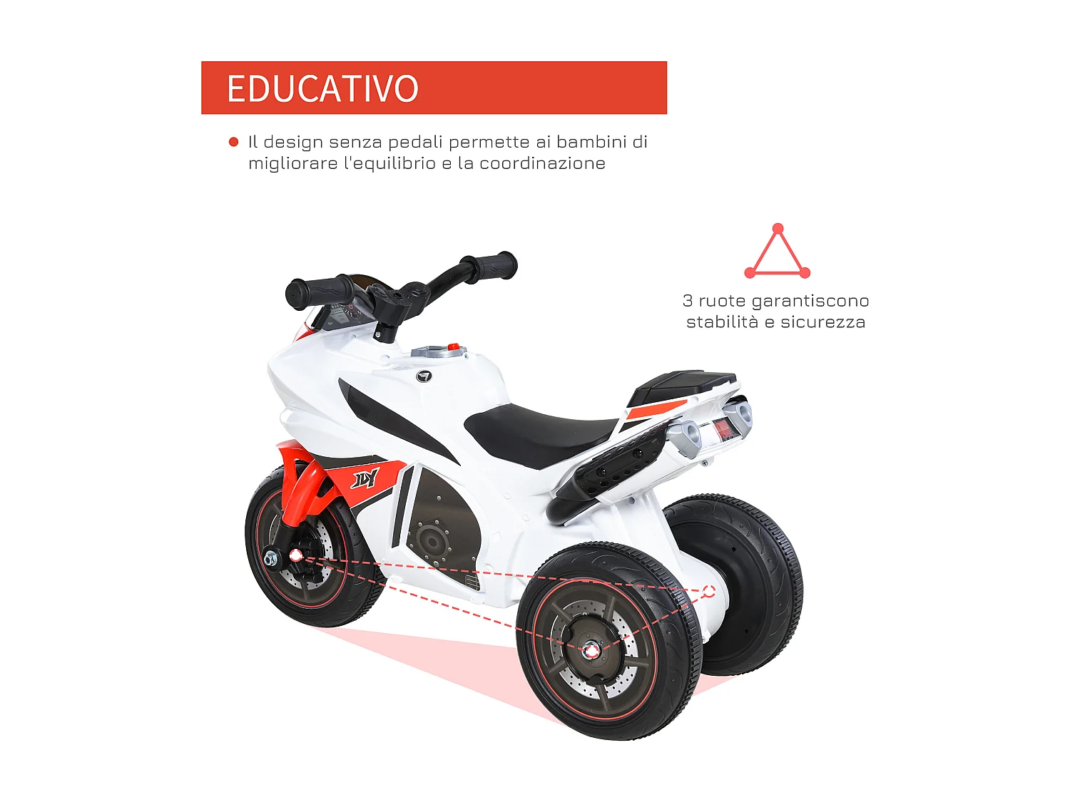 Moto per bambini a 3 ruote con musica e fari rosso