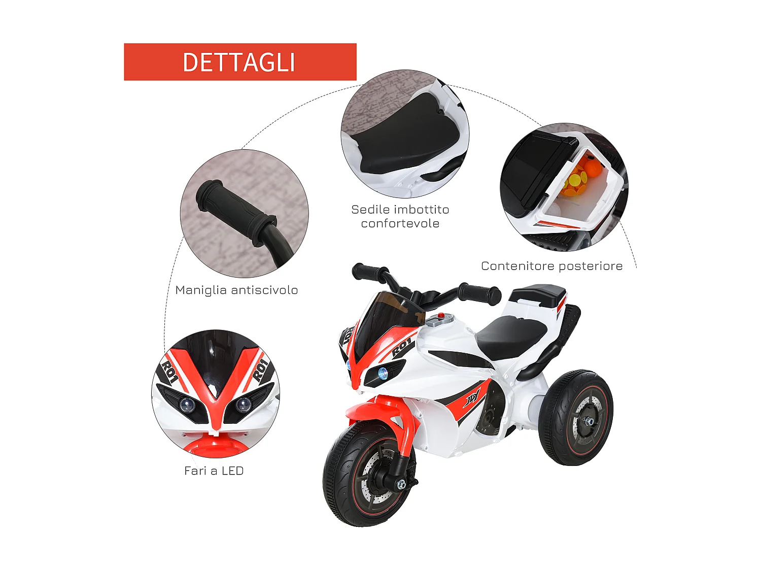 Moto per bambini a 3 ruote con musica e fari rosso