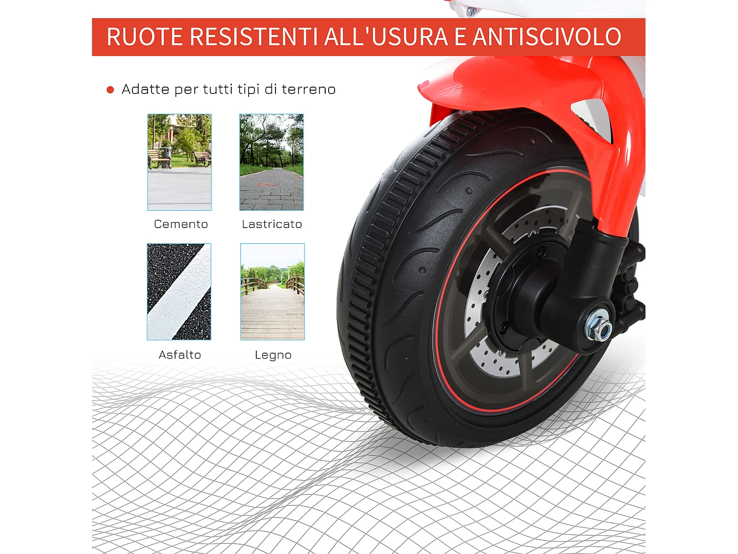 Moto per bambini a 3 ruote con musica e fari rosso