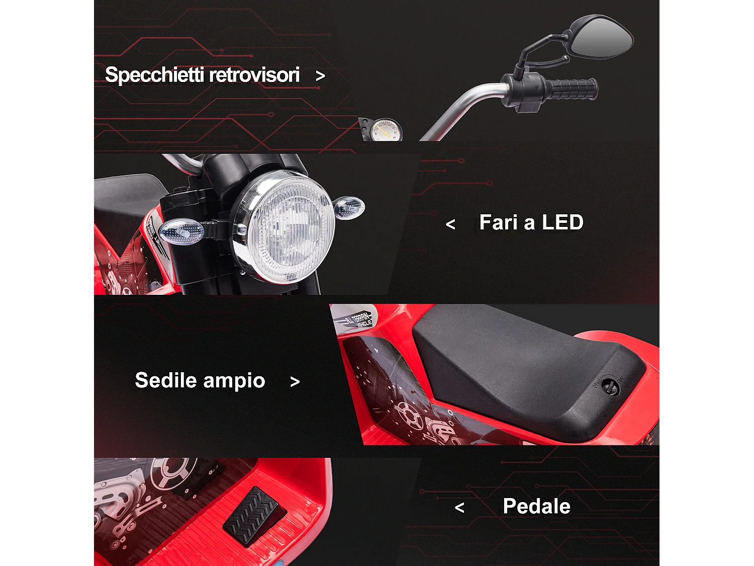 Moto per bambini batteria 6v velocità 2 km/h 3 ruote luci suoni