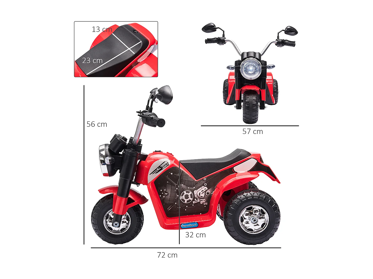 Moto per bambini batteria 6v velocità 2 km/h 3 ruote luci suoni