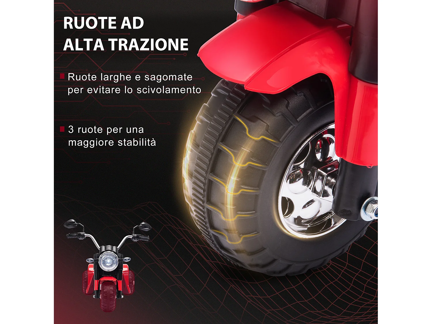Moto per bambini batteria 6v velocità 2 km/h 3 ruote luci suoni