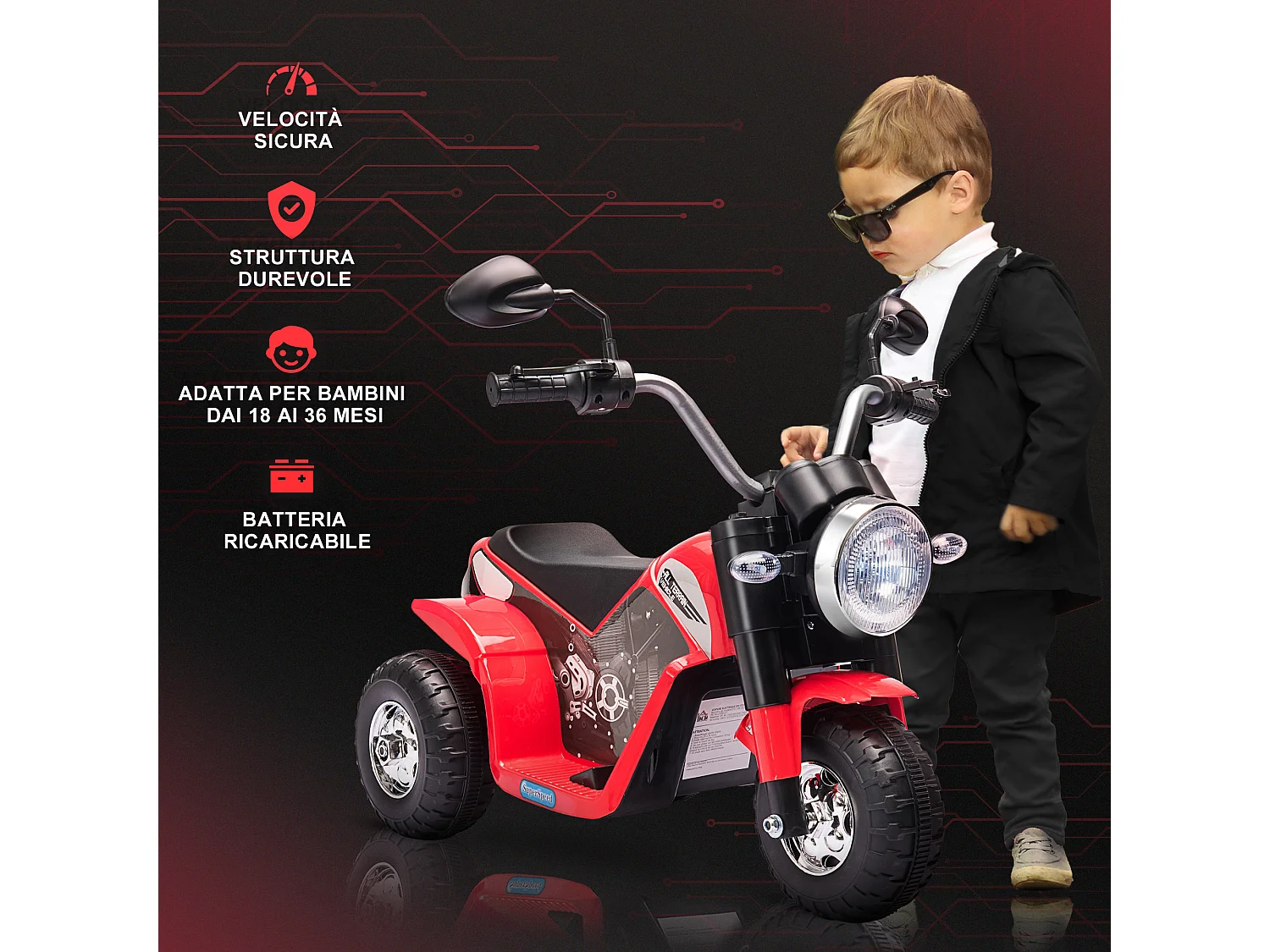 Moto per bambini batteria 6v velocità 2 km/h 3 ruote luci suoni