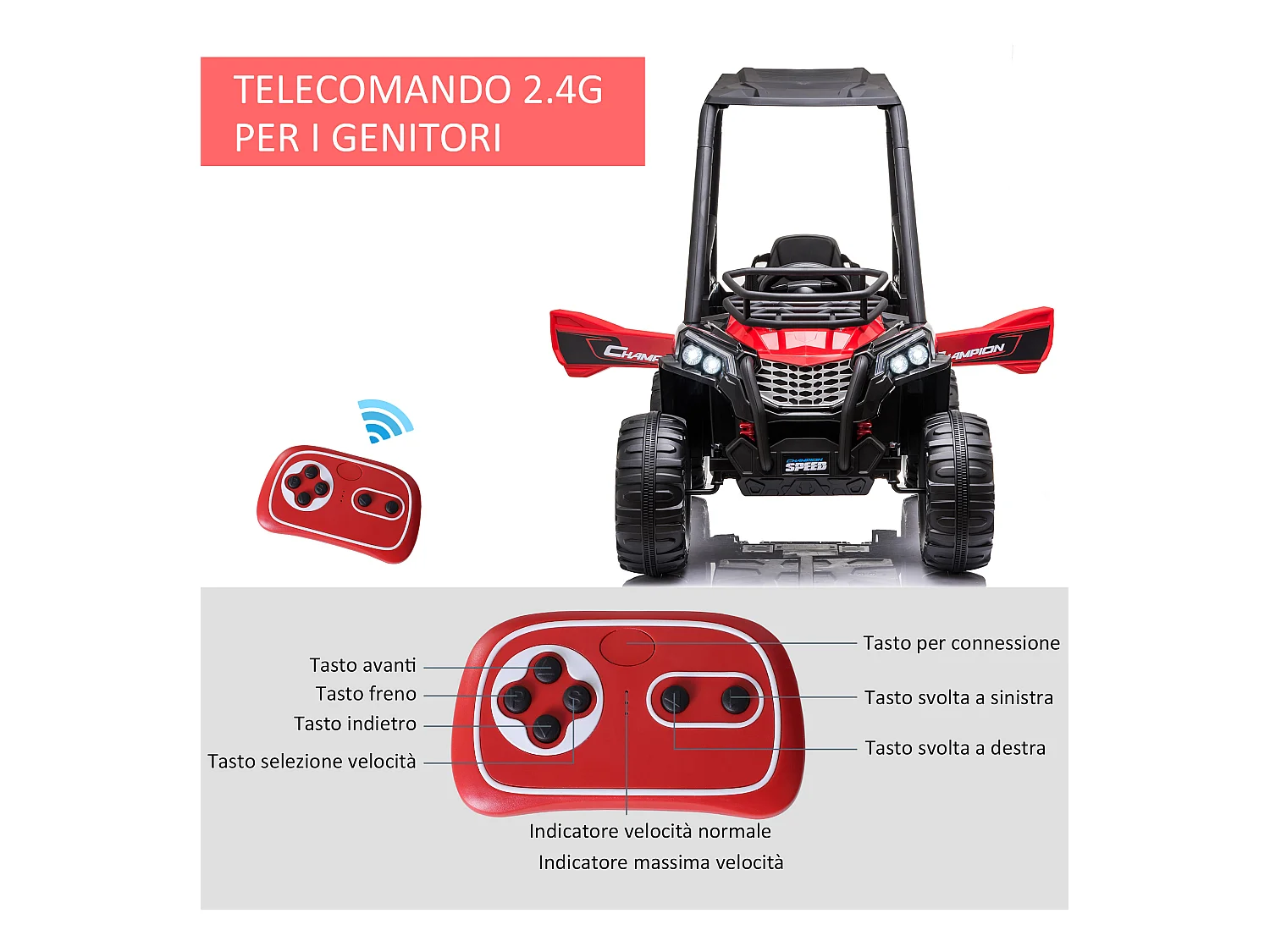 Auto elettrica per bambini con e telecomando 118x76x104 cm rossa nera