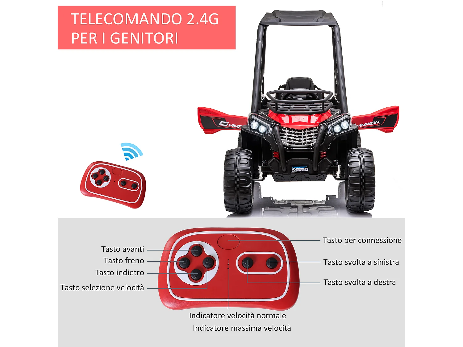 Auto elettrica per bambini con e telecomando 118x76x104 cm rossa nera