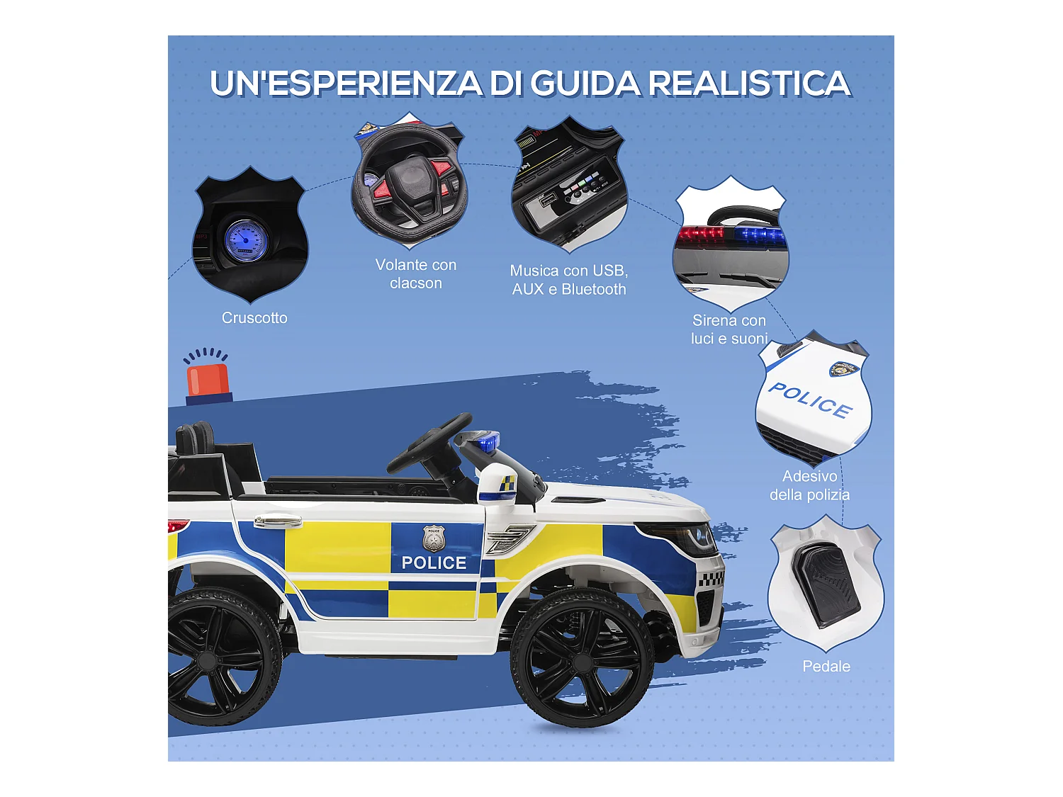 Macchina elettrica per bambini 12v con telecomando e sirena