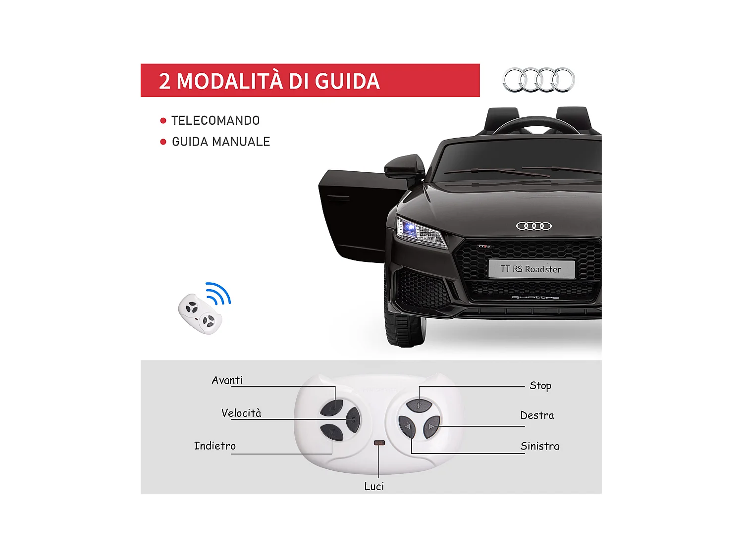 Macchina elettrica per bambini audi tt con telecomando e luci nero