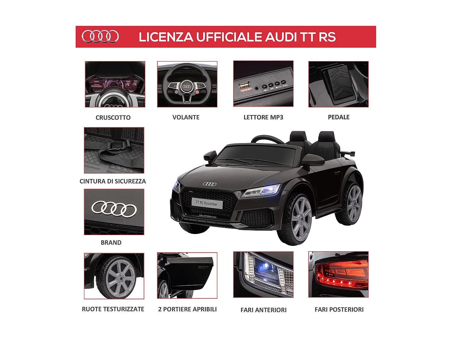 Macchina elettrica per bambini audi tt con telecomando e luci nero