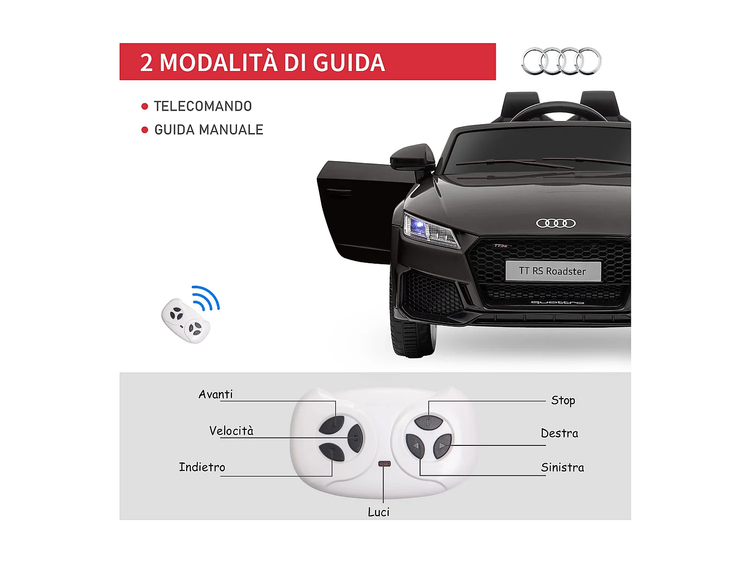 Macchina elettrica per bambini audi tt con telecomando e luci nero