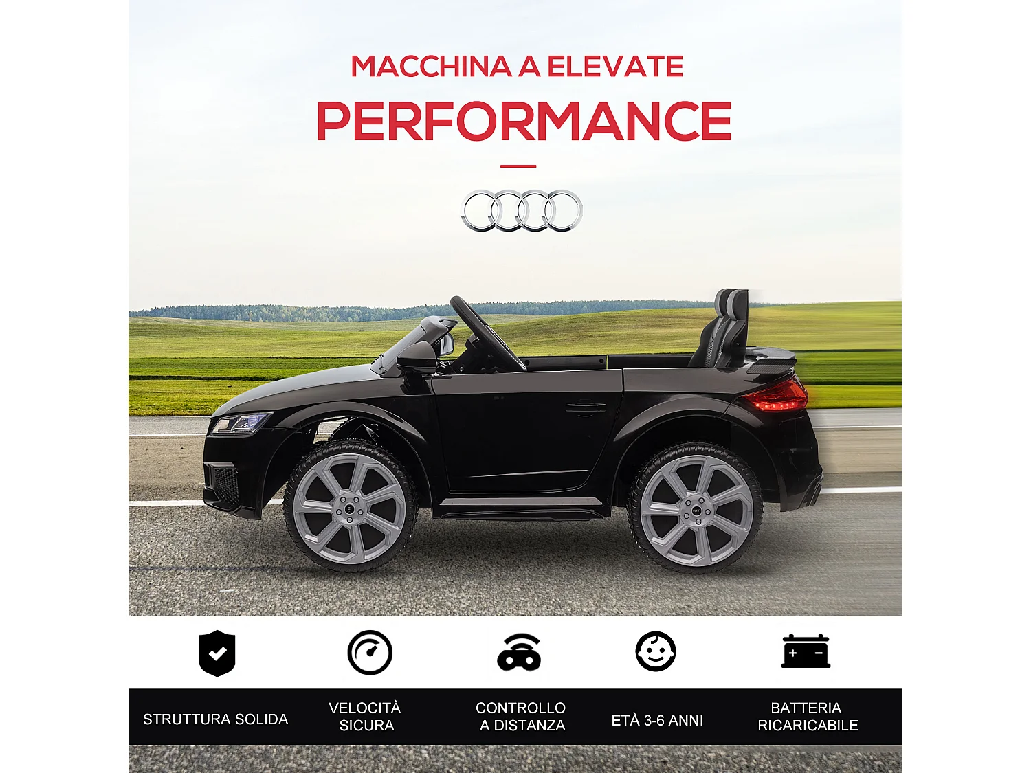 Macchina elettrica per bambini audi tt con telecomando e luci nero