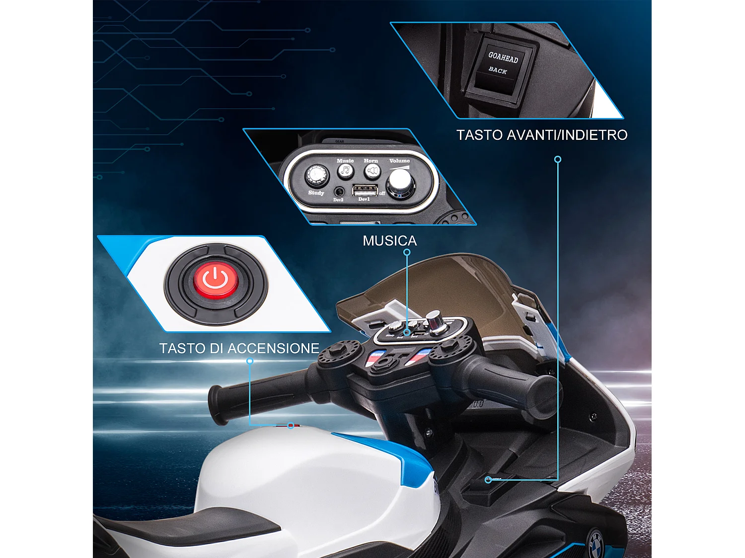 Moto per bambini 18-60 mesi con fari musica e pedali blu