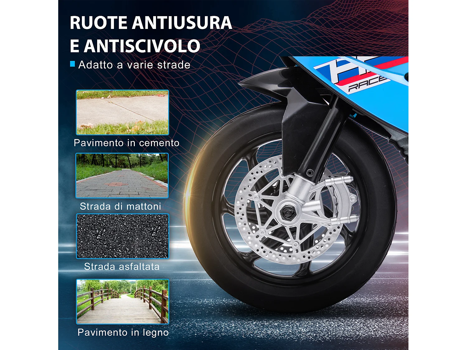 Moto per bambini 18-60 mesi con fari musica e pedali blu