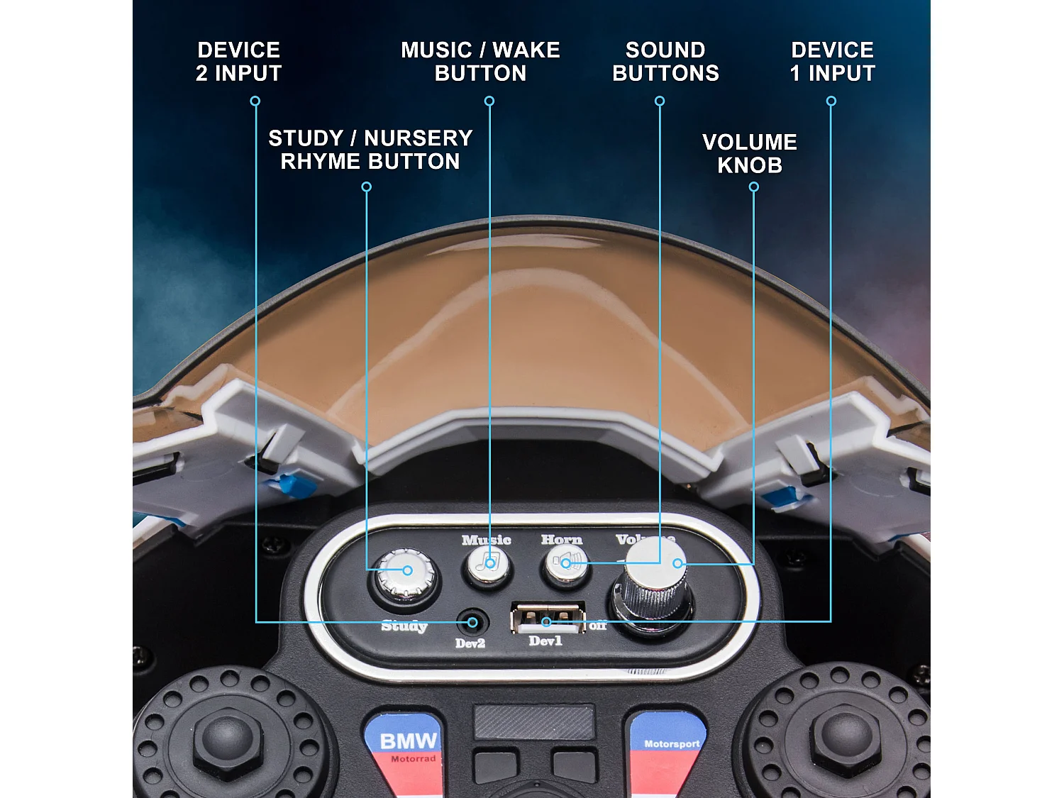 Moto per bambini 18-60 mesi con fari musica e pedali blu
