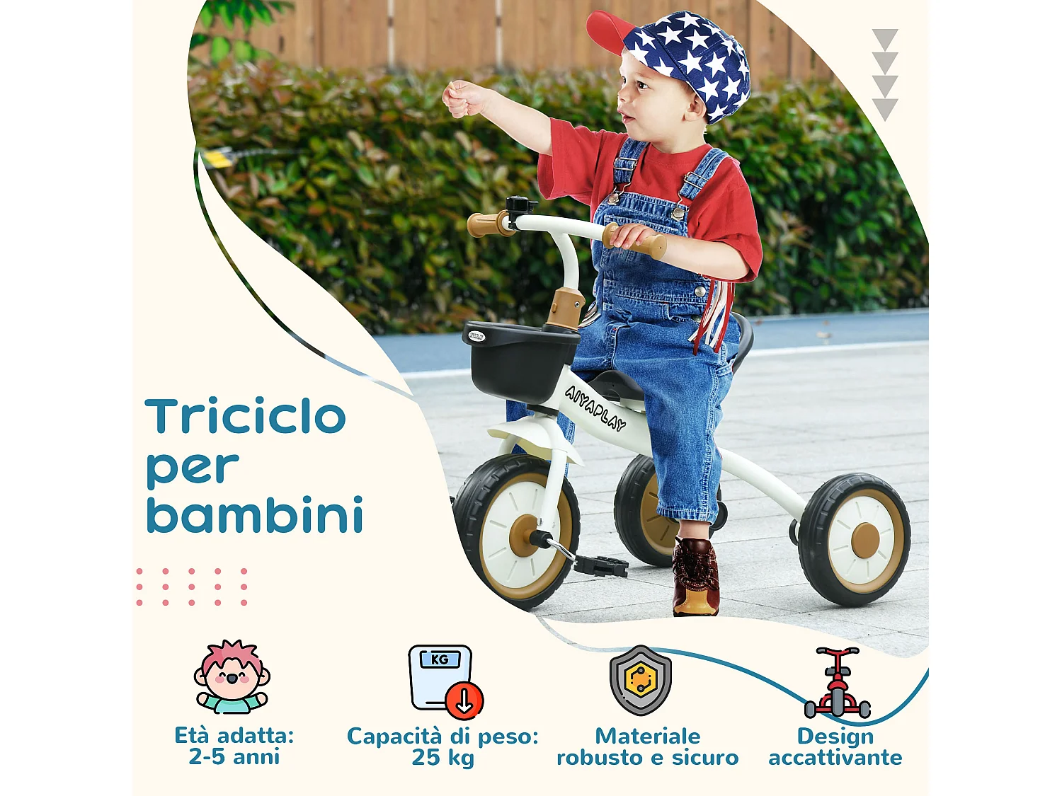Triciclo per bimbi 2-5 anni regolabile con campanello bianco