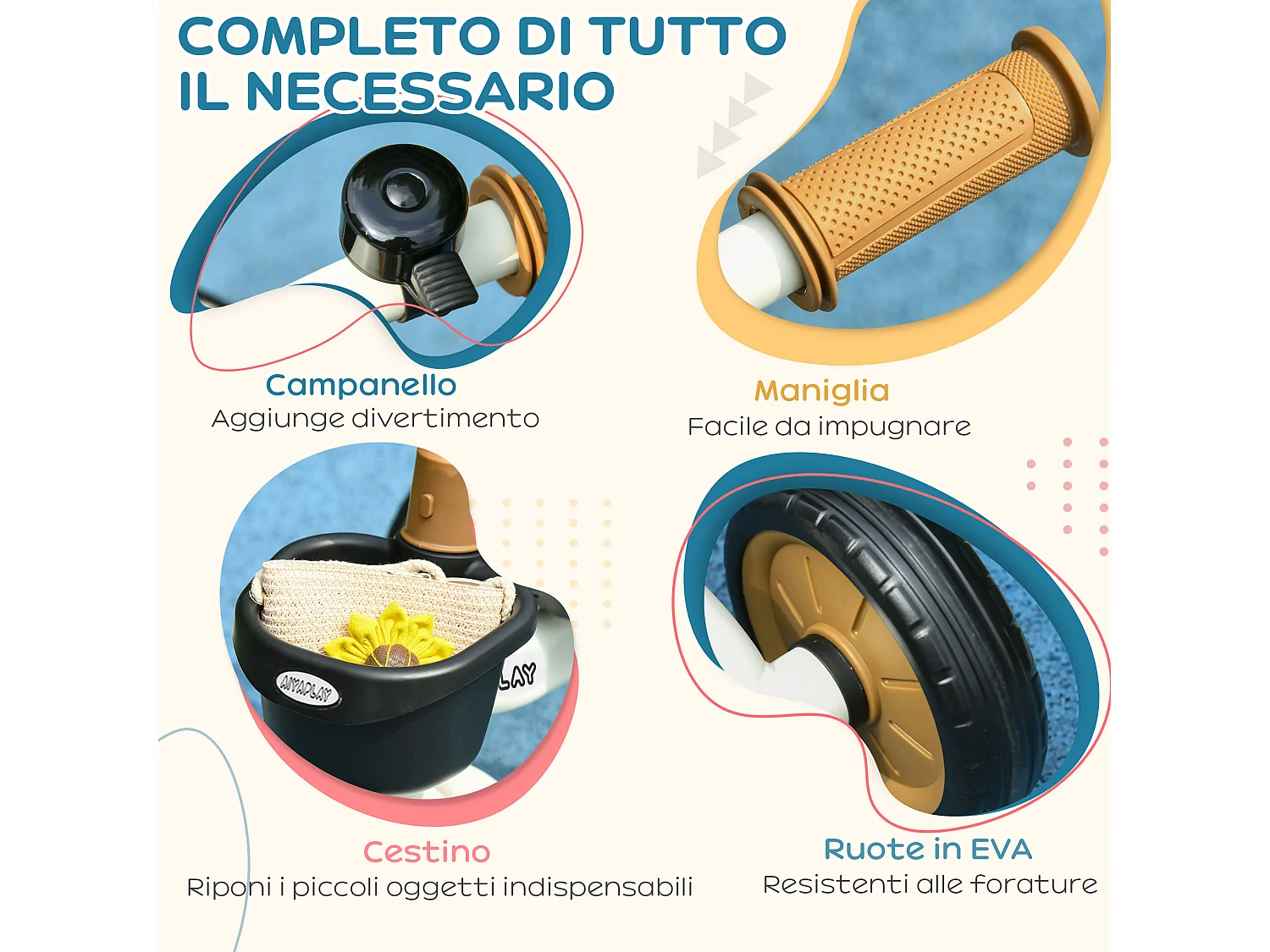 Triciclo per bimbi 2-5 anni regolabile con campanello bianco