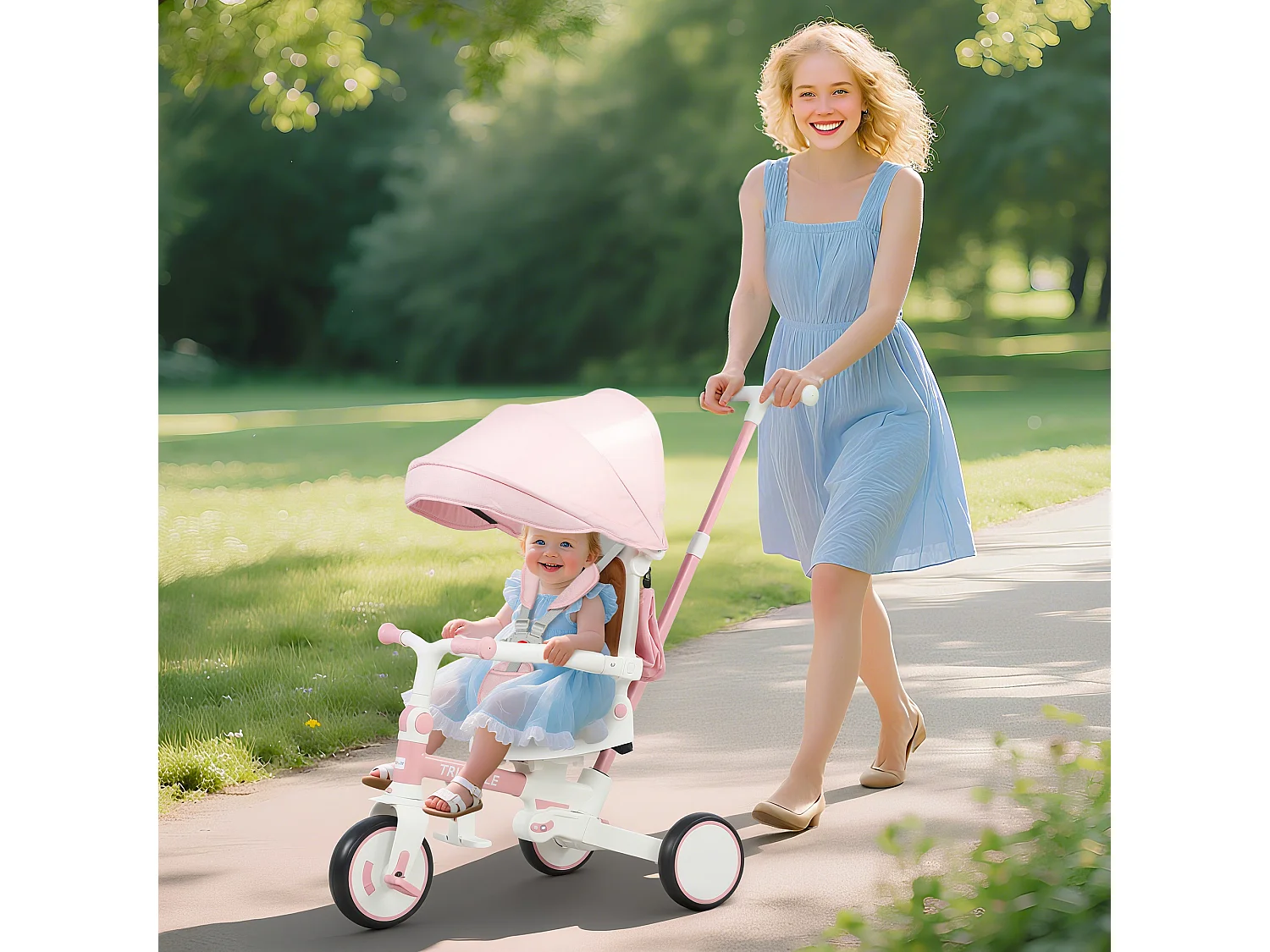 Triciclo per bambini 5 in 1 con maniglione di spinta e copertura rosa