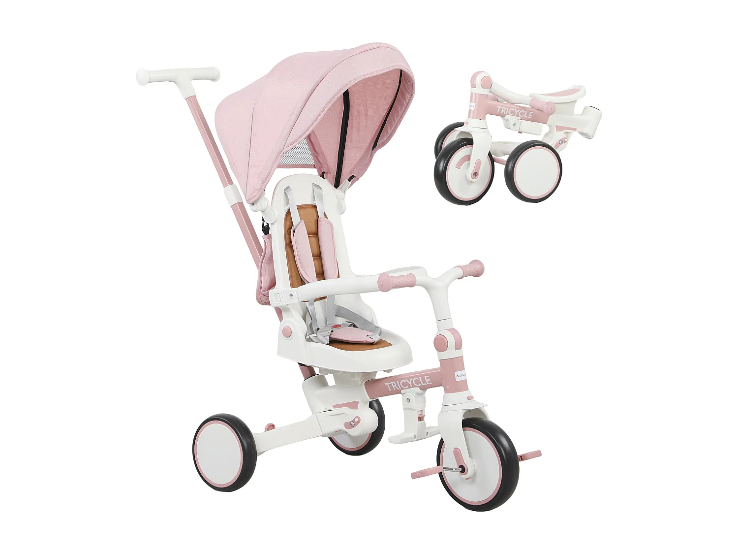 Triciclo per bambini 5 in 1 con maniglione di spinta e copertura rosa