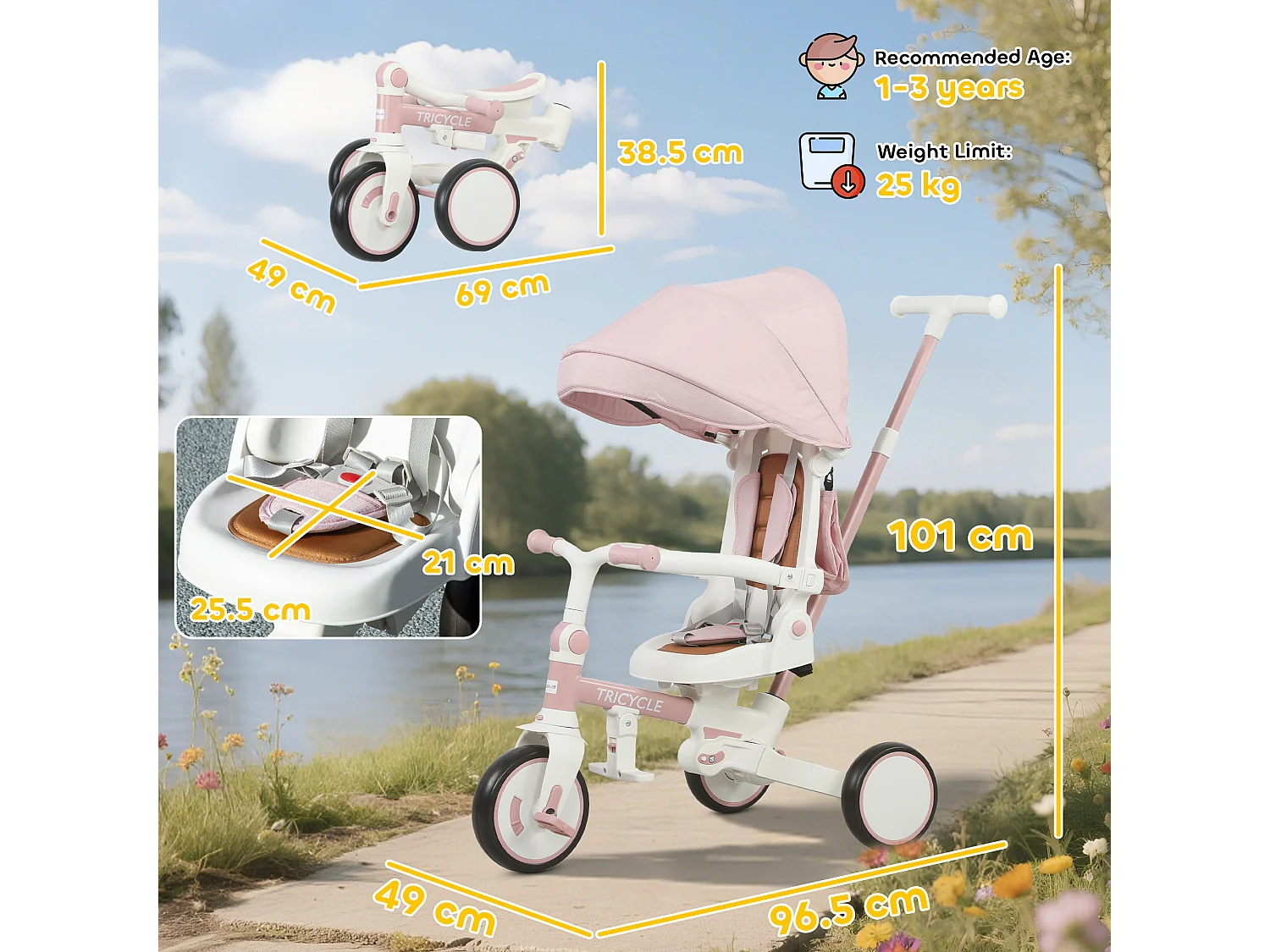 Triciclo per bambini 5 in 1 con maniglione di spinta e copertura rosa