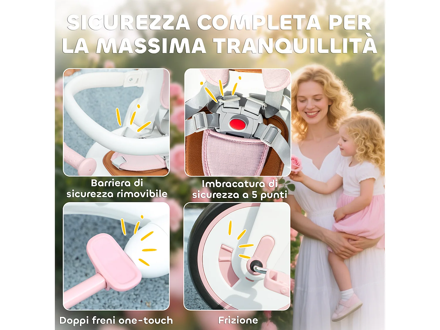Triciclo per bambini 5 in 1 con maniglione di spinta e copertura rosa