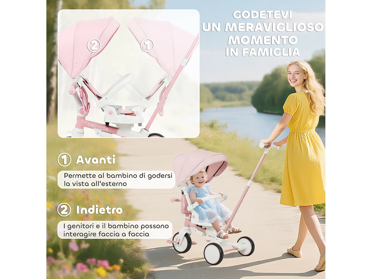 Triciclo per bambini 5 in 1 con maniglione di spinta e copertura rosa