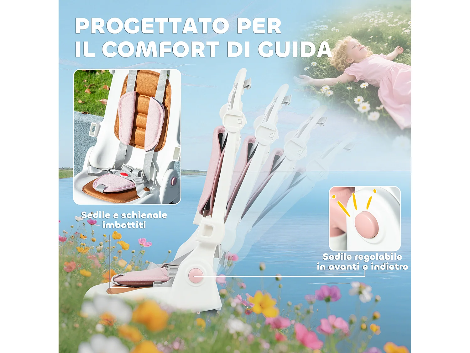 Triciclo per bambini 5 in 1 con maniglione di spinta e copertura rosa