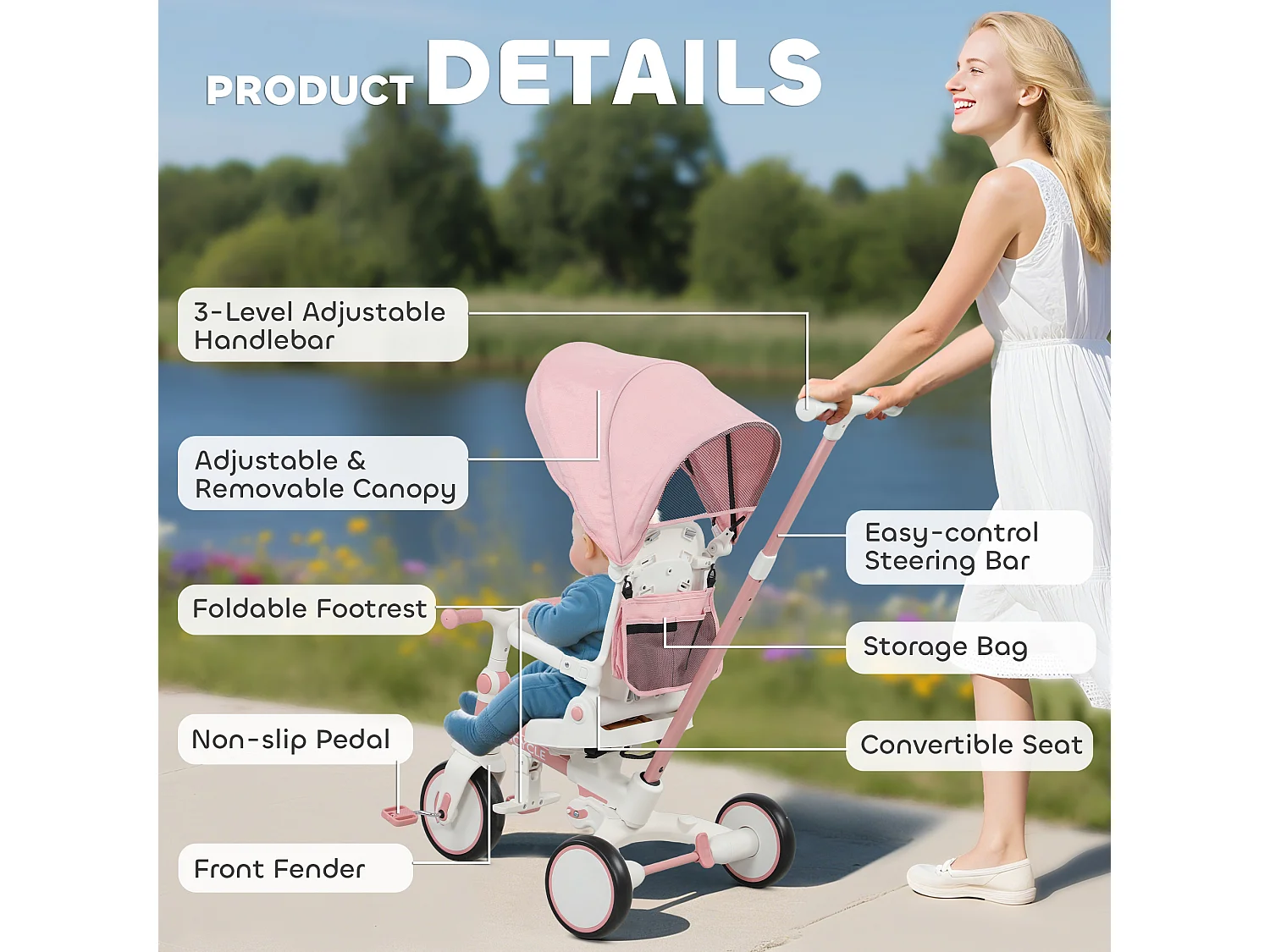 Triciclo per bambini 5 in 1 con maniglione di spinta e copertura rosa