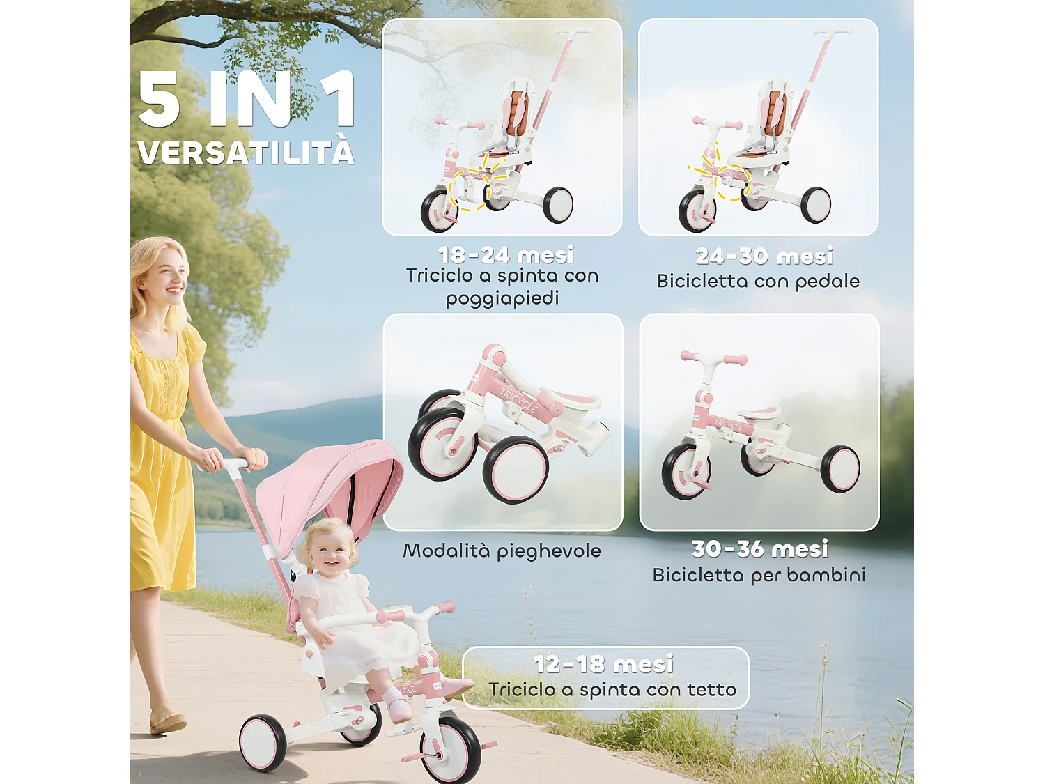 Triciclo per bambini 5 in 1 con maniglione di spinta e copertura rosa