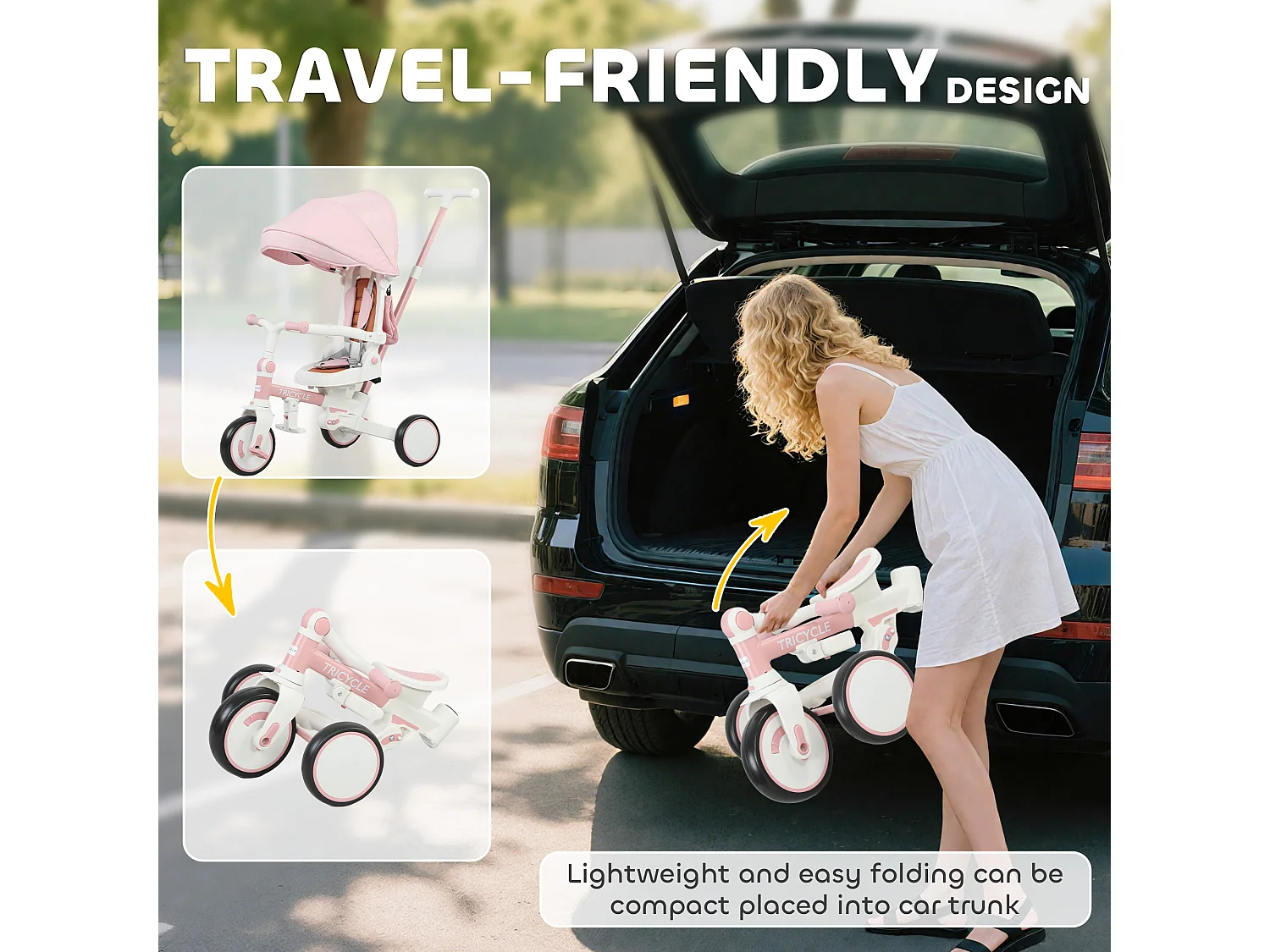 Triciclo per bambini 5 in 1 con maniglione di spinta e copertura rosa