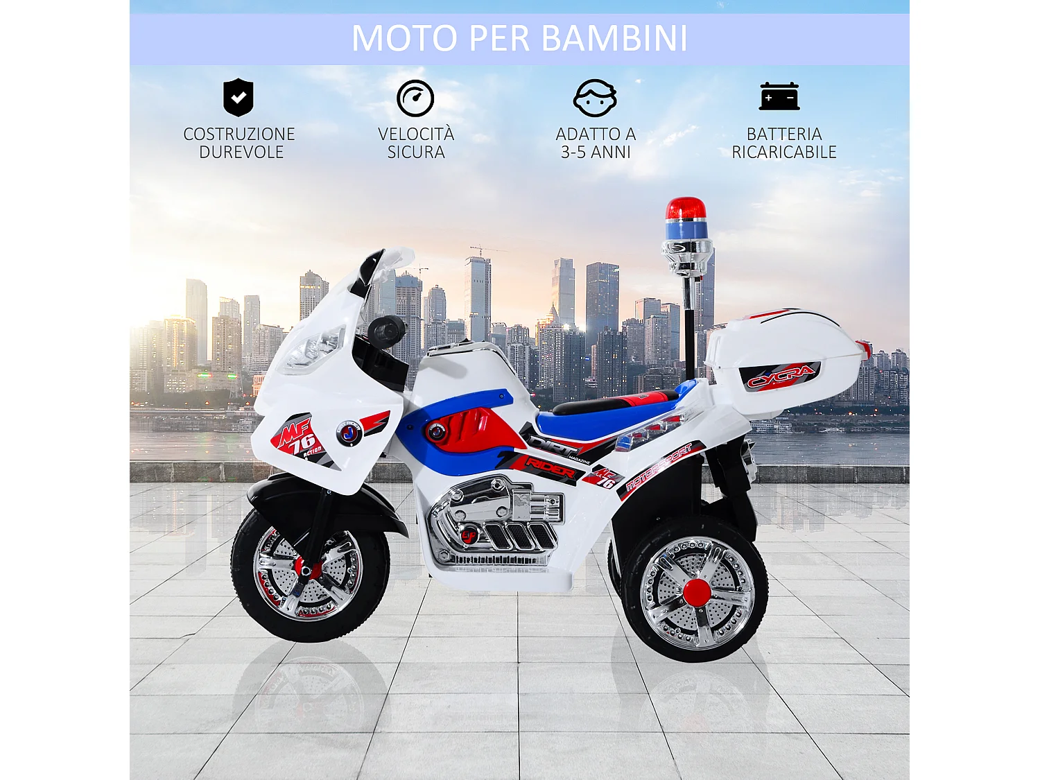 Moto elettrica per bambini 3-5 anni con 3 ruote luci e musica