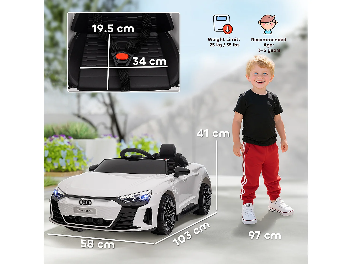 Macchina elettrica per bambini 3-5 anni con sospensioni bianca e nera