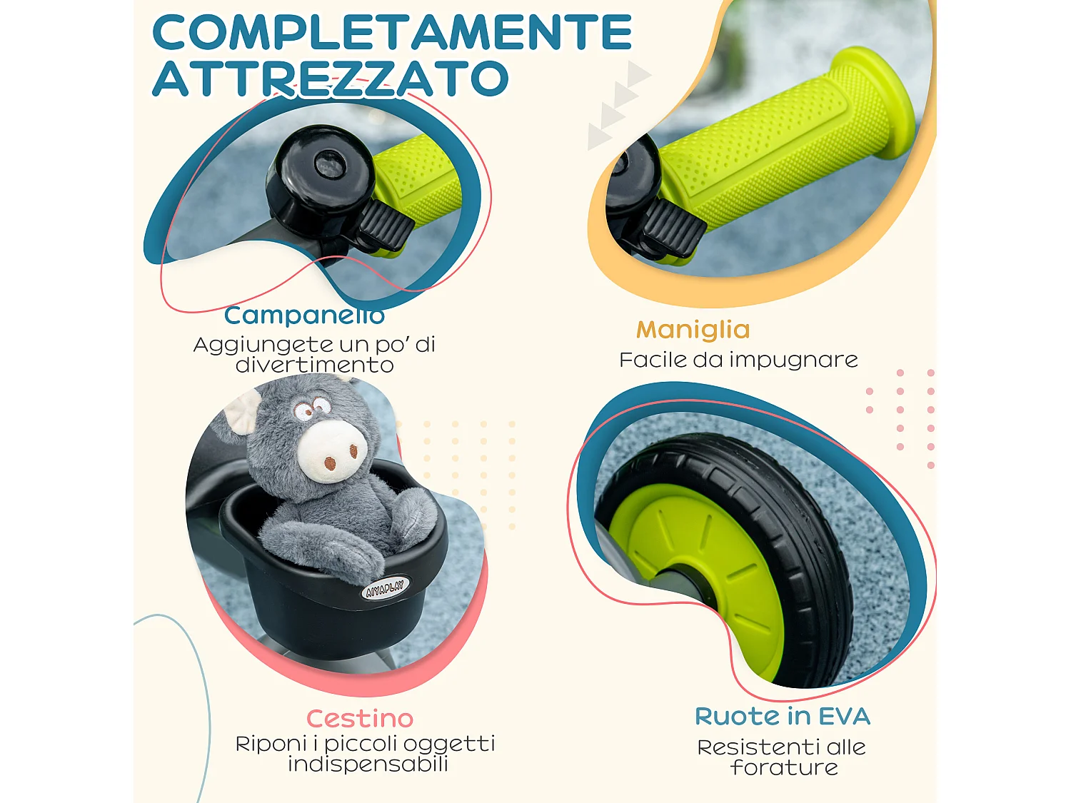 Triciclo per bimbi 2-5 anni regolabile con campanello nero