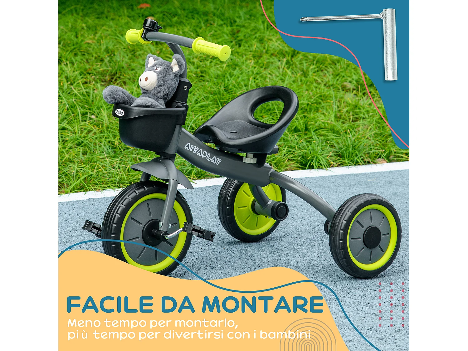 Triciclo per bimbi 2-5 anni regolabile con campanello nero
