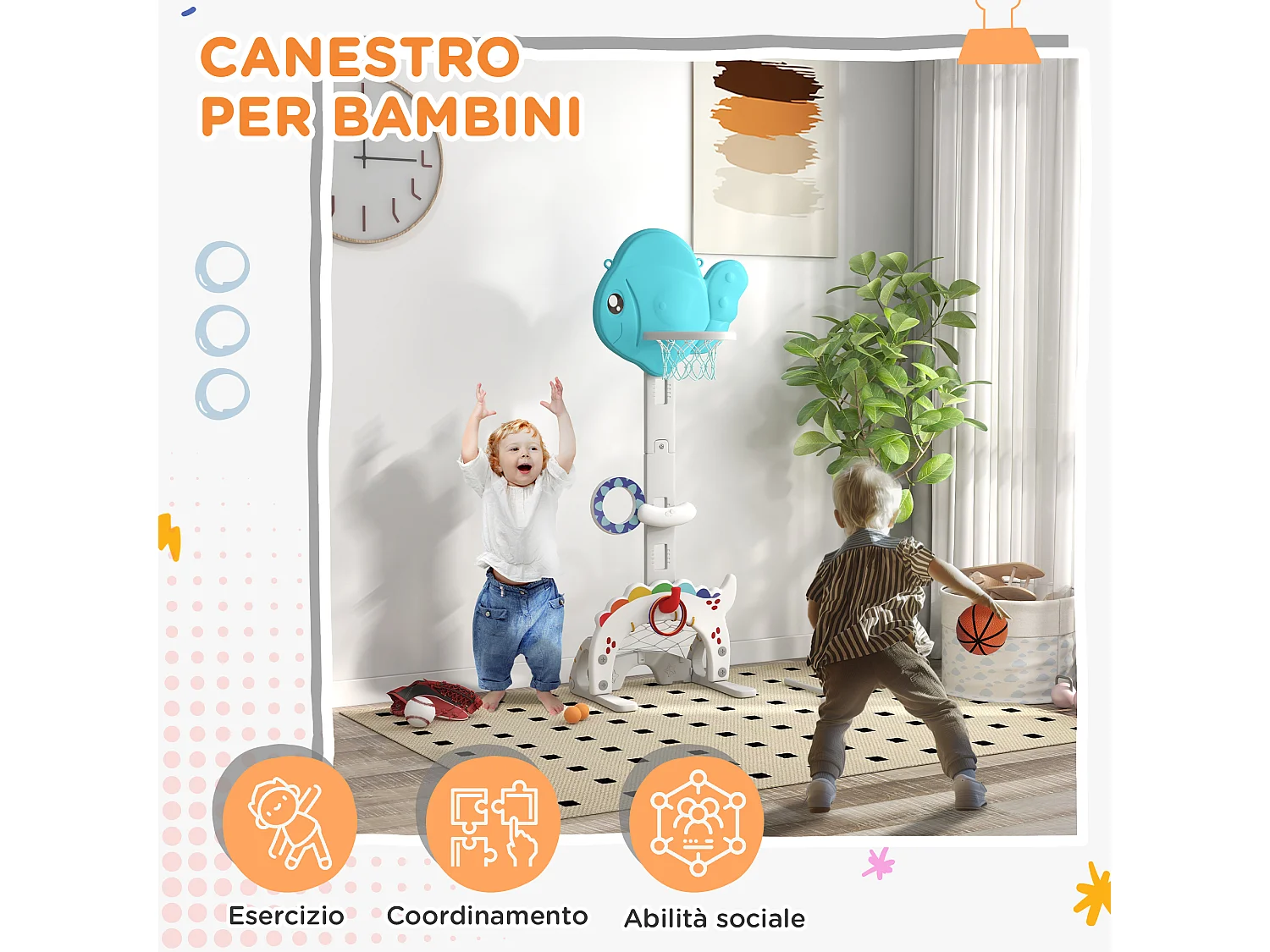 Canestro basket per bambini 3-6 anni 5 in 1 con altezza regolabile