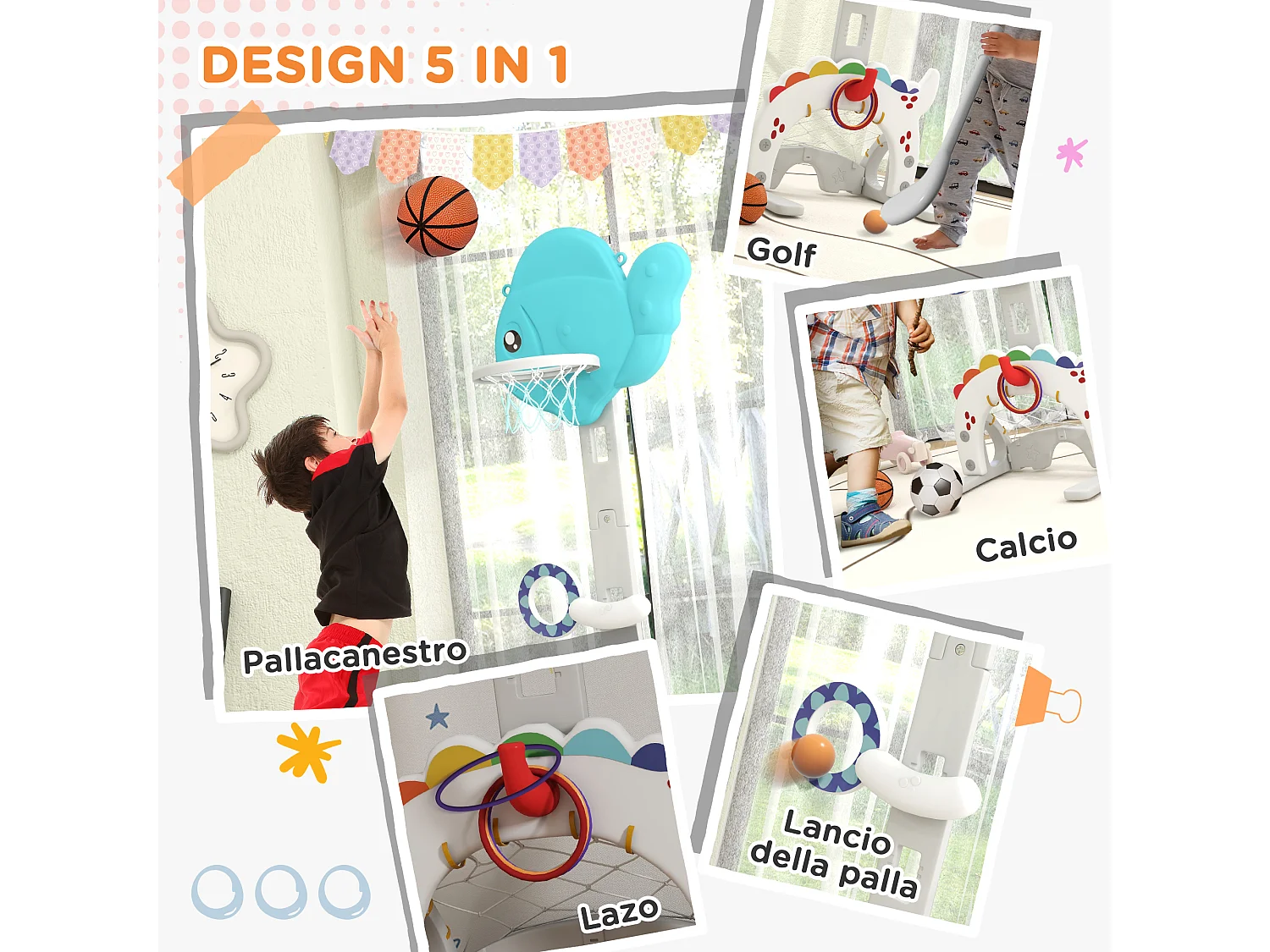 Canestro basket per bambini 3-6 anni 5 in 1 con altezza regolabile