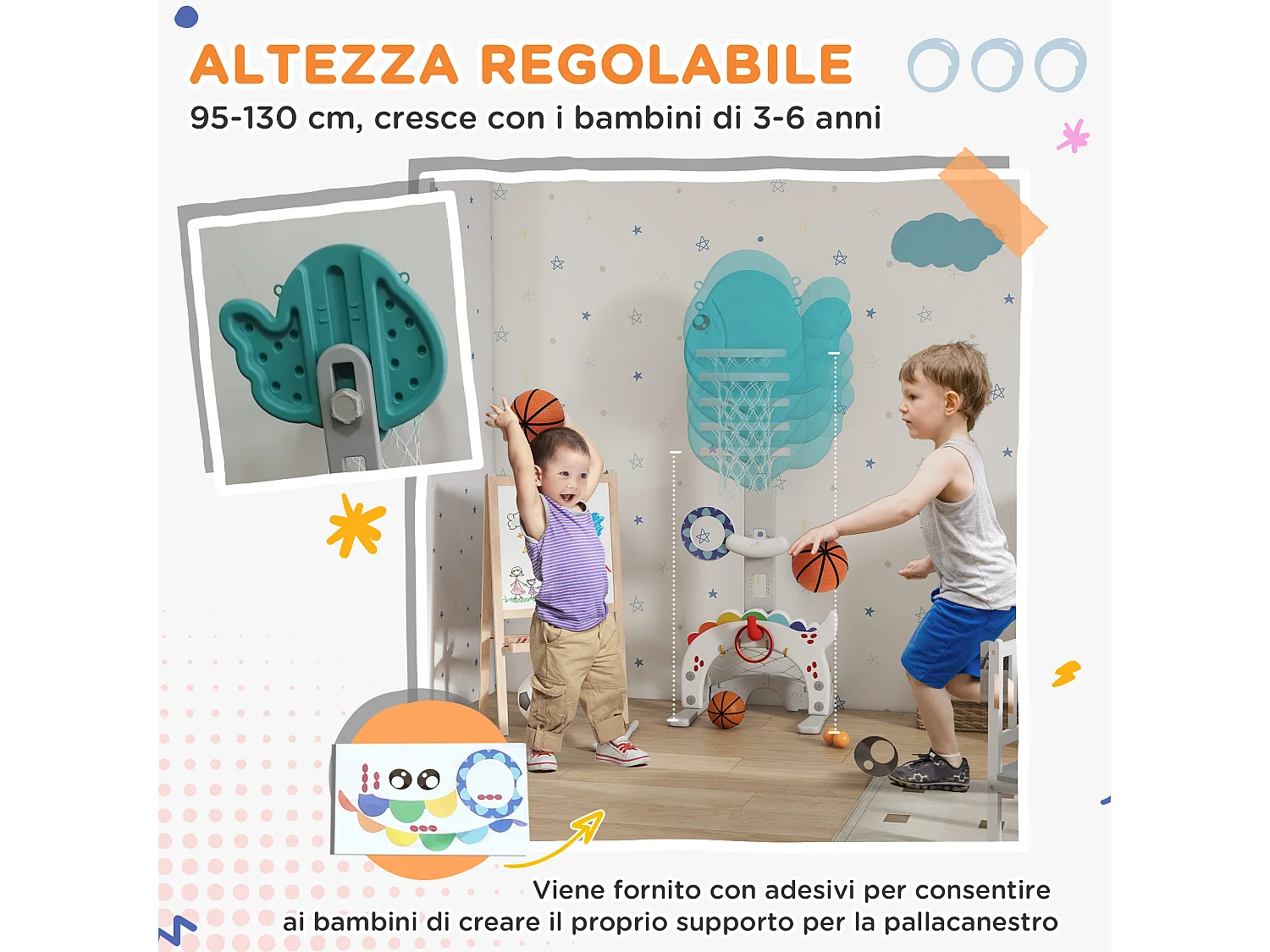 Canestro basket per bambini 3-6 anni 5 in 1 con altezza regolabile