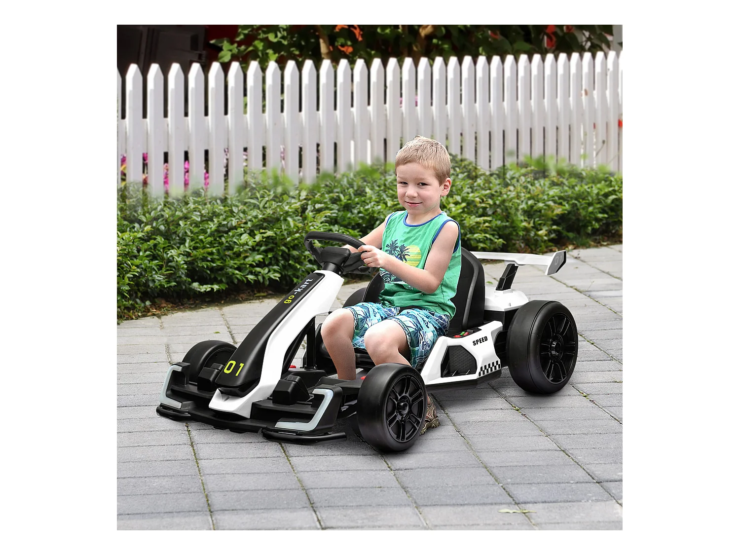 Go kart elettrico per bambini con seggiolino regolabile bianco