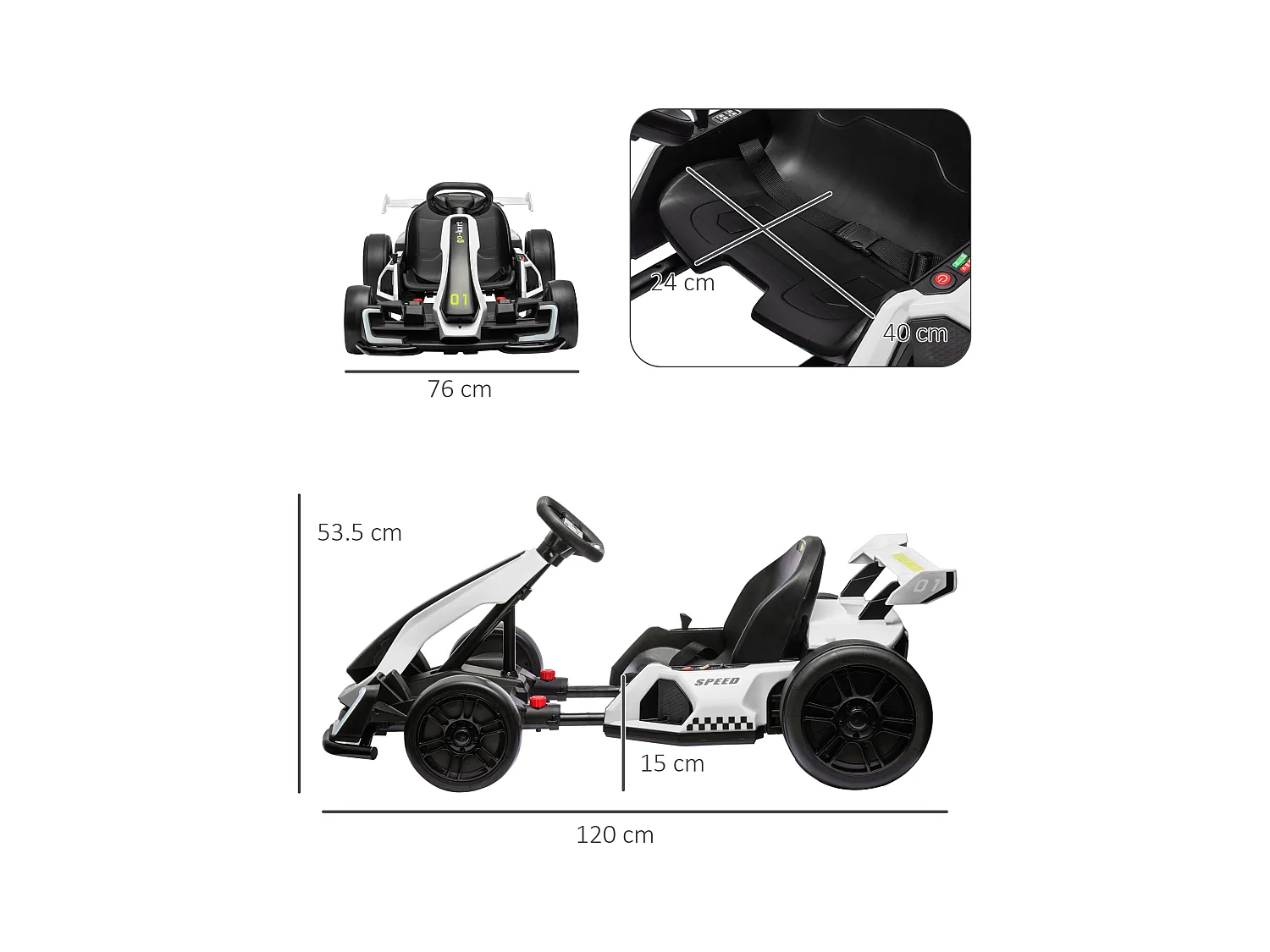 Go kart elettrico per bambini con seggiolino regolabile bianco