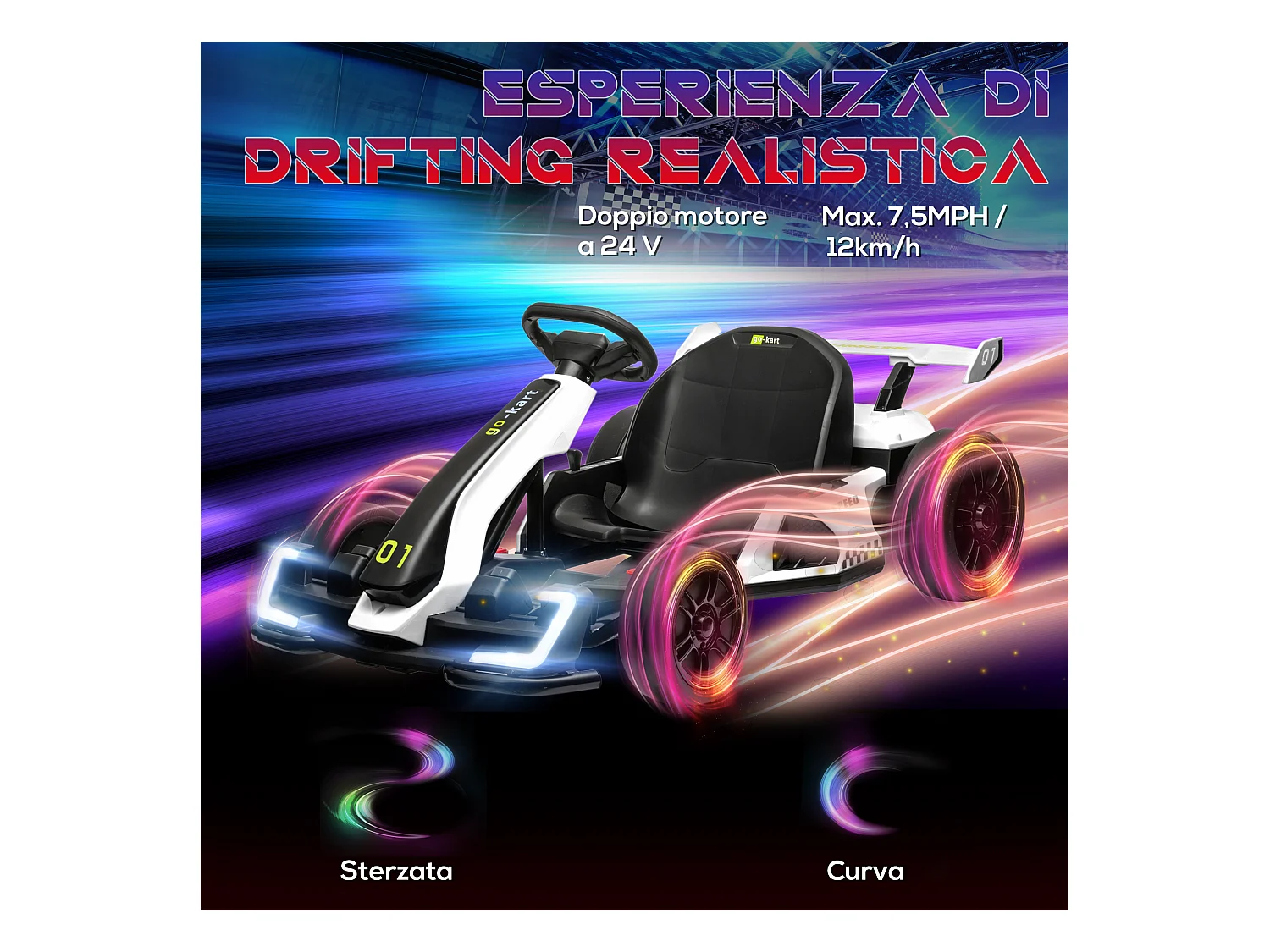Go kart elettrico per bambini con seggiolino regolabile bianco