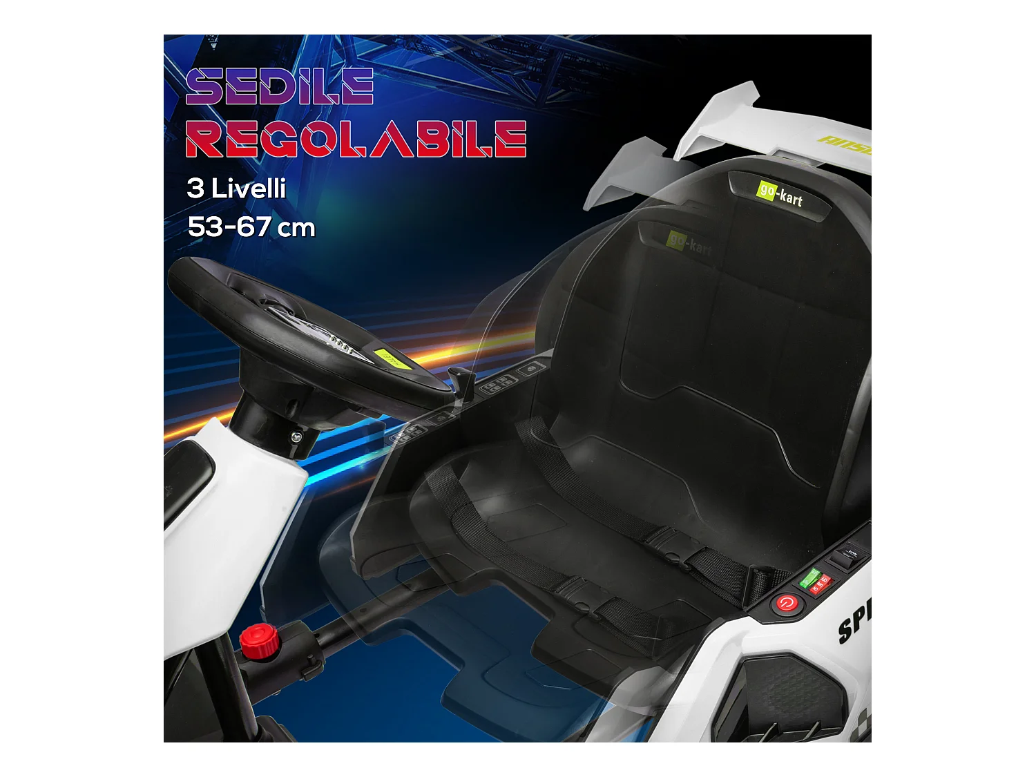 Go kart elettrico per bambini con seggiolino regolabile bianco