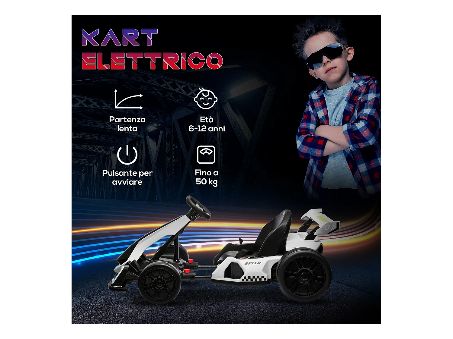 Go kart elettrico per bambini con seggiolino regolabile bianco