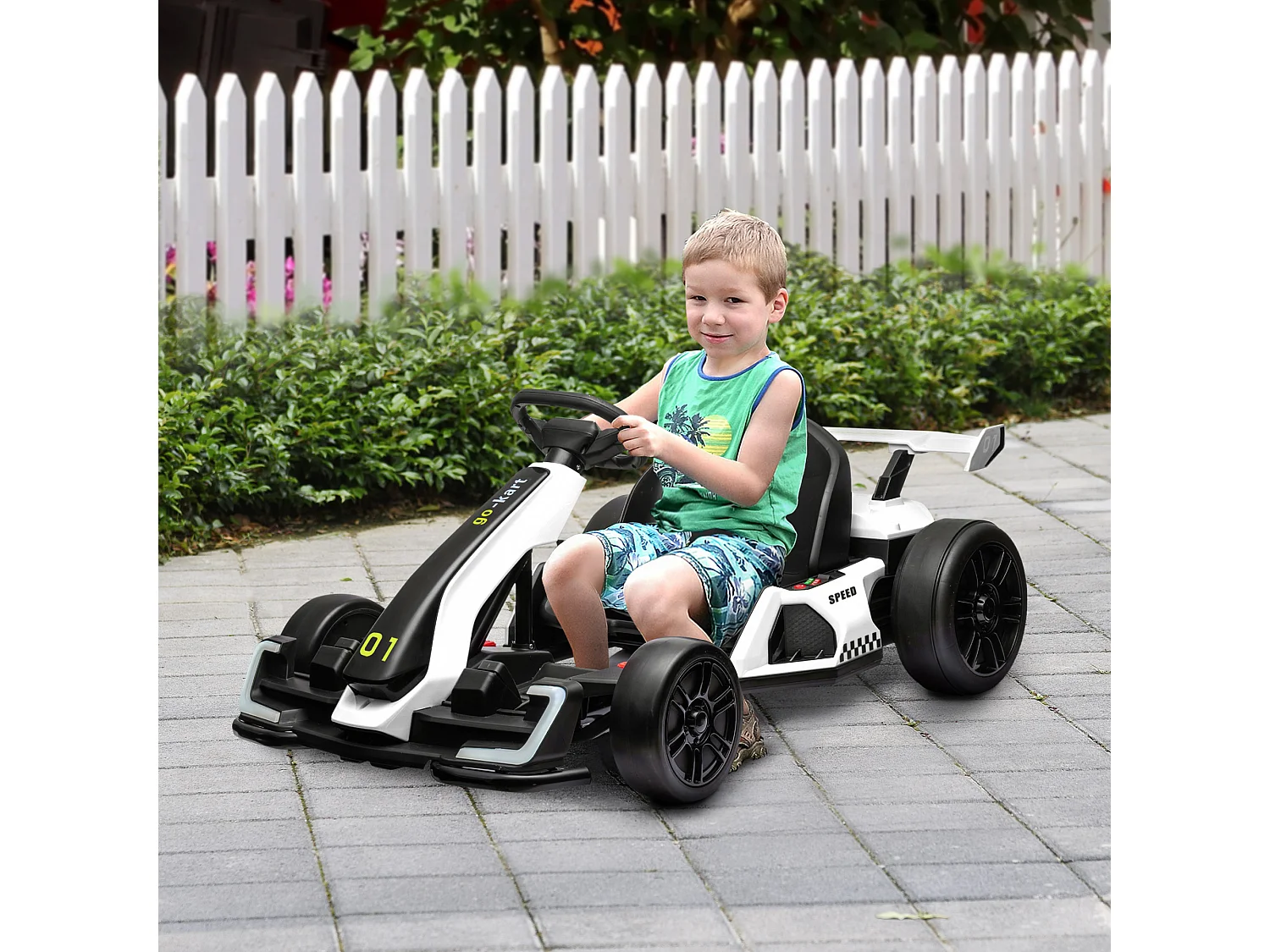 Go kart elettrico per bambini con seggiolino regolabile bianco